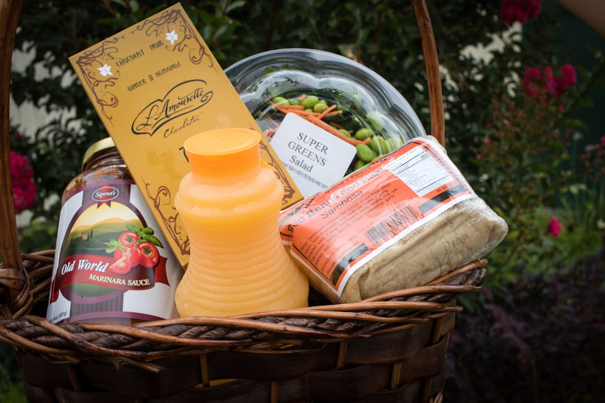 A vegan food gift basket filled with plant-based treats